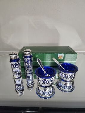 Salt & Pepper Shaker and Condiment Pots Set in Deep Blue and Silver Plated